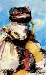 Mery Laurent fátyolban (pasztell, gouache és olaj)